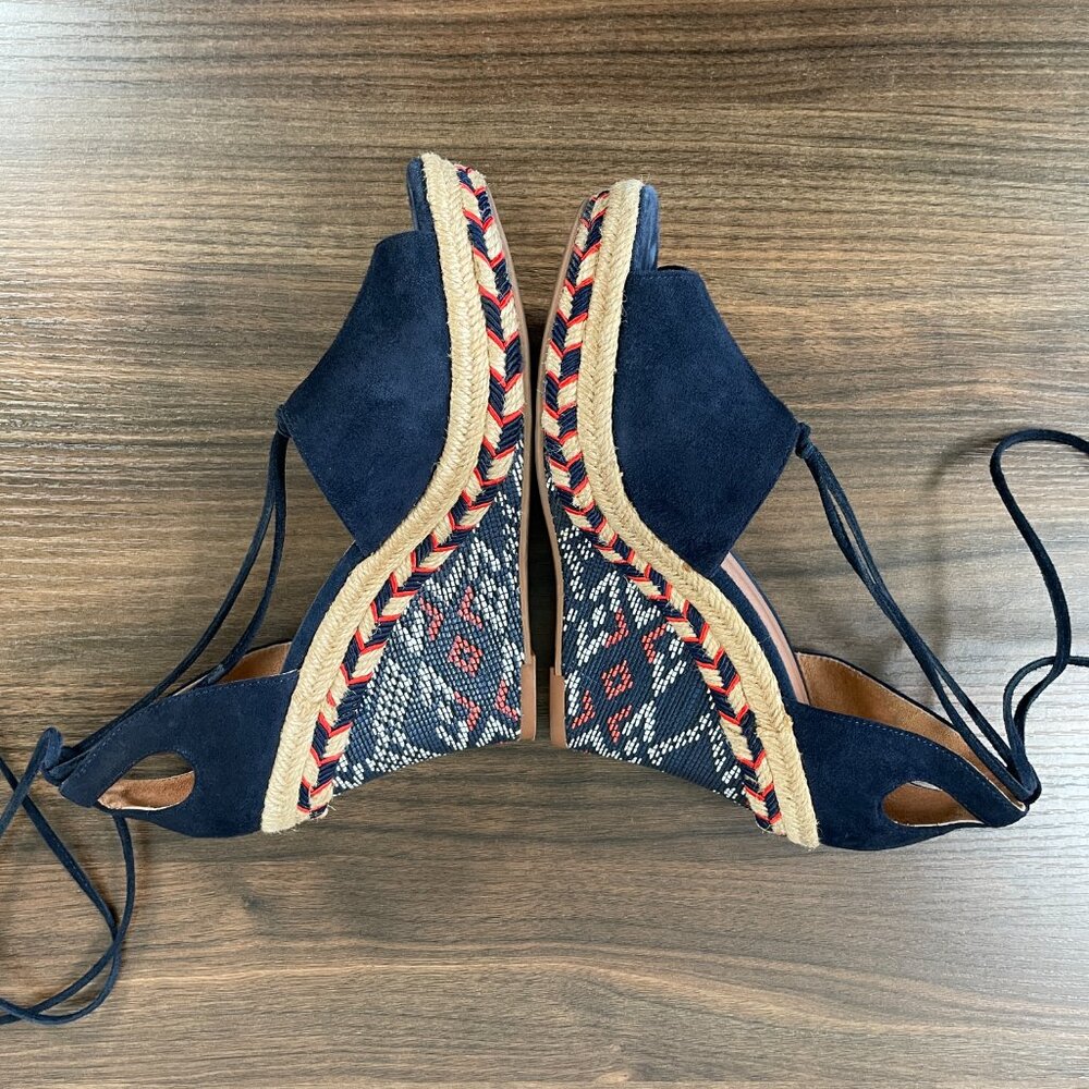 Cabi Wrap Lace-Up Blue Suede Leather Espadrille Aztec Wedge Heel Women's 5M - Picture 3 of 15